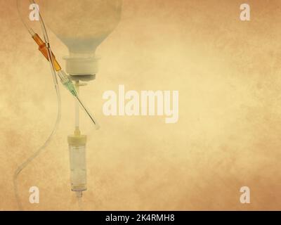 Intravenous medical perfusion system on old paper background Stock Photo