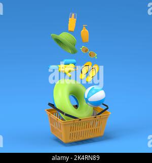 Colorful beach accessories and shopping basket on blue background. 3D render of summer vacation concept and holidays Stock Photo