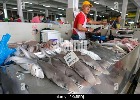 Kuantan, Malaysia - September 2022: Detail of a fish stall in the Kuantan market on September 25, 2022 in Kuantan, Malaysia. Stock Photo