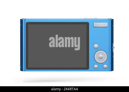 Stylish blue compact pocket digital camera isolated on white background. 3D rendered concept of vacation travel destination Stock Photo