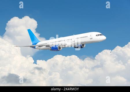 The plane flies in the cumulus clouds of the summer sky Stock Photo