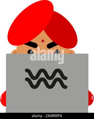 Indian guy with grey laptop, illustration, vector on a white background. Stock Vector