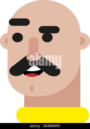 Bald man with moustache in yellow shirt, illustration, vector on a white background. Stock Vector