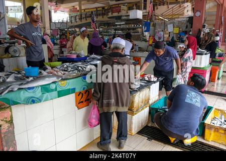 Marang, Malaysia - October 2022: Detail of a fish stall in the Marang market on October 1, 2022 in Marang, Malaysia. Stock Photo