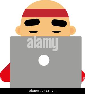 Man with grey laptop, illustration, vector on a white background. Stock Vector
