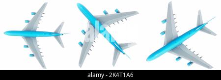 Conceptual set of three flying blue and white passenger jetliner or commercial planes, isolated on white background. 3D illustration for jet transport Stock Photo
