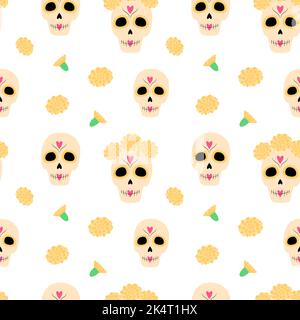 Seamless pattern to Day of the Dead from Sugar Skull and flower in trendy shades. Dia de los muertos. Mexico. Isolate. Good for poster, card, invitations, price tag, print, wrapping paper, texture Stock Vector