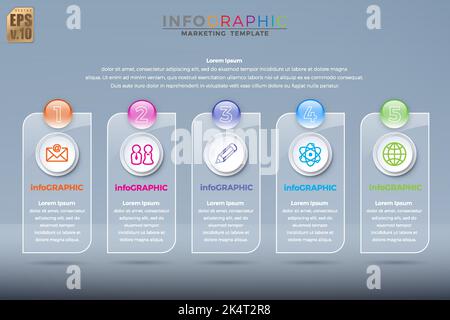 Infographic Business colorful template vertical banner design Round icons 5 options in glass transparency background style. You can used for Marketing Stock Vector