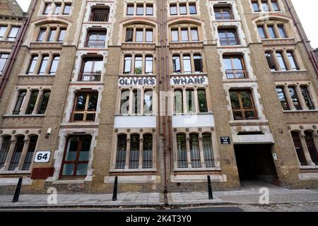 A view of the historic riverside Olivers Wharf in Wapping on 7th September 2022 in London, United Kingdom. Olivers Wharf is a Grade II listed apartment building and former warehouse on the River Thames in Wapping High Street. Stock Photo