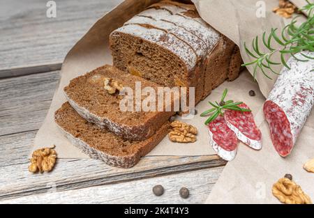 Bread with dried fruits cut into slices. Stock Photo