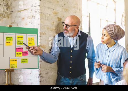 Portrait of an Arabian lady multiracial worker discussing with her colleagues about a new startup watching the business model canvas - multiethnic bus Stock Photo