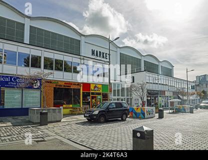 Plymouth’s Panier Market in the West End of the city centre established 1959. A stricking purpose built establishments with a Grade II listed roof. Tr Stock Photo