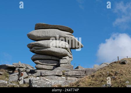 The Cheesewring a huge granite rock stack formed by glacial action on the summit of Stowes Hill on Bodmin Moor in Cornwall. Stock Photo