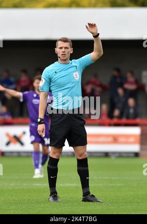 Referee Will Finnie during the Sky Bet EFL League Two match between Crawley Town and Stevenage at the Broadfield Stadium  , Crawley ,  UK - 1st October 2022  Photo Simon Dack / Telephoto Images.  Editorial use only. No merchandising. For Football images FA and Premier League restrictions apply inc. no internet/mobile usage without FAPL license - for details contact Football Dataco Stock Photo