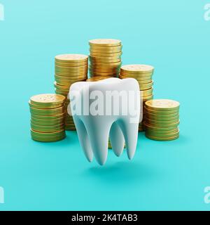 Single White Tooth ahead of Stacks of Golden Coins on Blue Background 3D Render Illustration Stock Photo