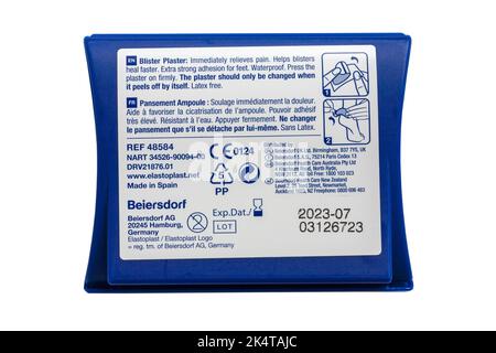 Blister Plaster instructions information on back of pack of Elastoplast Escape blister plasters isolated on white background Stock Photo
