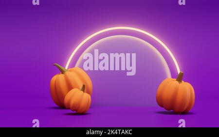 Halloween pumpkins with a neon glowing light against a purple background. 3D Rendering Stock Photo
