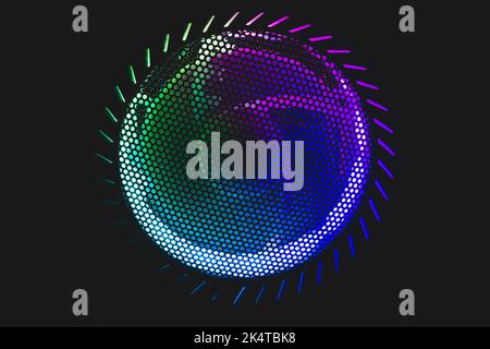 Colorful led lights of computer fan shines through the protective grid. illumination glows in the dark. abstract futuristic background Stock Photo