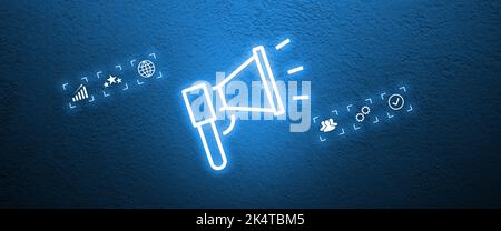 The concept of advertising services. Icons on a blue background. neon graphics. Stock Photo