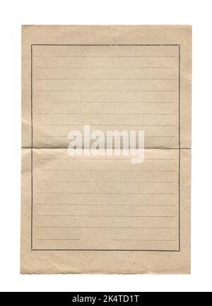 front view closeup of old vintage aged brown page paper with blank notebook writing lines and folding mark isolated on white Stock Photo