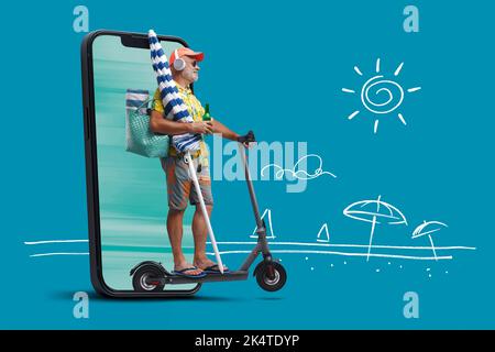 Funny senior tourist riding an electric scooter and going to the beach, he is coming out from a smartphone screen, sketched beach in the background Stock Photo