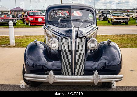 Daytona Beach, FL - November 28, 2020: High perspective front view of a 1937 Buick Century Series 60 Model 64 Touring Sedan at a local car show. Stock Photo