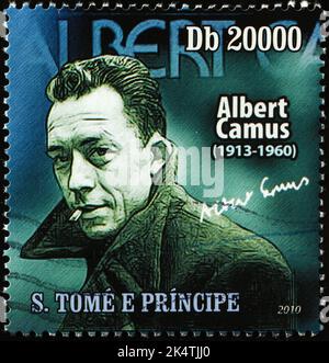 Albert Camus portrait on postage stamp of Liberia Stock Photo