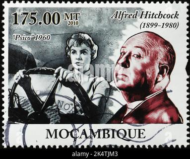 Alfred Hitchcock and his movie 'Psycho' on stamp Stock Photo