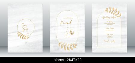 Wedding invitation card luxury design template with gold frame and white marble background Stock Vector