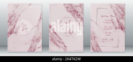 Wedding invitation card template luxury design with frame and red marble texture background Stock Vector