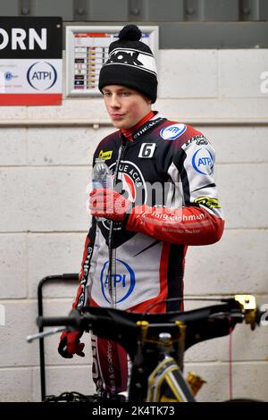 Manchester, UK. 03rd Oct, 2022. Norick Blodorn (Reserve) of Belle Vue ‘ATPI' Aces during the SGB Premiership Semi Final Second Leg at the National Speedway Stadium, Manchester on Monday 3rd October 2022. (Credit: Eddie Garvey | MI News) Credit: MI News & Sport /Alamy Live News Stock Photo