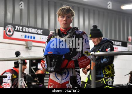 Manchester, UK. 03rd Oct, 2022. Norick Blodorn (Reserve) of Belle Vue ‘ATPI' Aces during the SGB Premiership Semi Final Second Leg at the National Speedway Stadium, Manchester om Monday 3rd October 2022. (Credit: Eddie Garvey | MI News) Credit: MI News & Sport /Alamy Live News Stock Photo