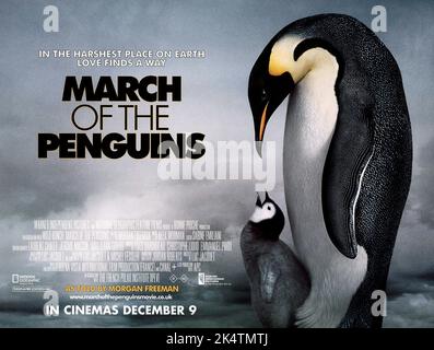 March Of The Penguins 2005.  March Of The Penguins Movie Poster.  Emperor Penguins Stock Photo