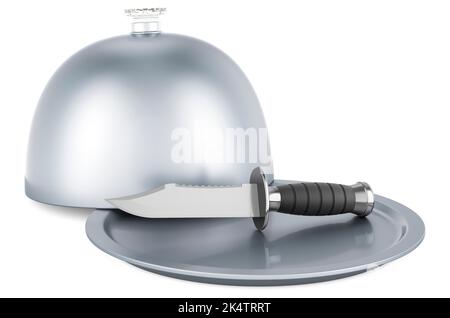 Restaurant cloche with combat knife, 3D rendering Stock Photo