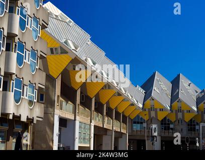 Facing the Centrum Markt in Rotterdam, the Netherlands, these distinctive Cube Houses have rapidly become both local favourites and tourist magnets. Stock Photo