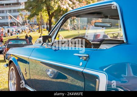 Vehicle Ford Mustang 1968 on display at vintage car show. Hardtop, a true muscle car. Stock Photo