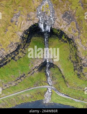 Aerial view of the Fossa Waterfall on island Bordoy in the Faroe ...