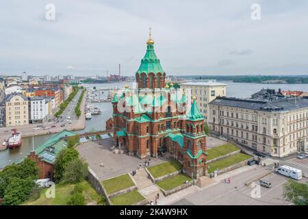 Uspenski Cathedral in Helsinki, Finland. Drone Point of View. It is an Eastern Orthodox cathedral in Helsinki, Finland, and main cathedral of the Orth Stock Photo