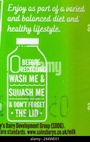 detail recycling information on Fresh West Country semi skimmed 1.8% fat milk carton of milk by Sainsbury's Stock Photo