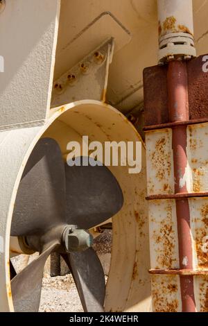 the rudder and keel of a rusty old boat, rudder mechanism of a ship or ...