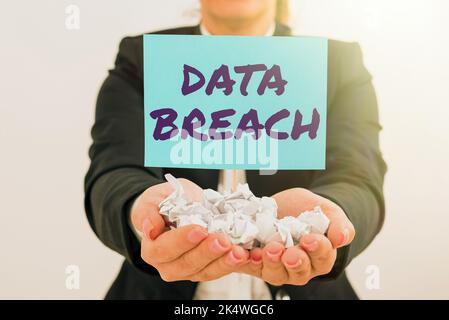 Conceptual caption Data Breach. Internet Concept unauthorized release of confidential and secured details Stock Photo