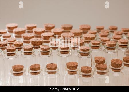 glass jars with corks, soft green background Stock Photo