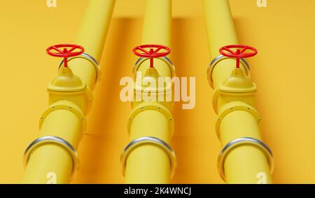 Yellow gas or oil industry pipe lines with red valves. 3D Rendering Stock Photo