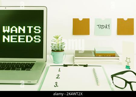 Text caption presenting Wants Needs. Word for to have something necessary or desire for the individual to live Stock Photo