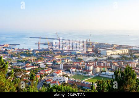 Viana do Castelo skyline, port view in evening light, Portugal Stock Photo