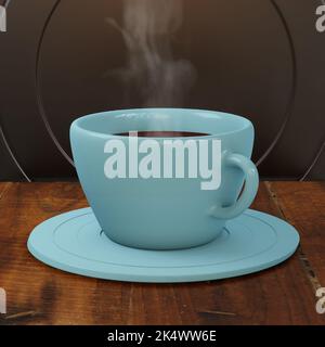 ceramic coffee cup with smoke on wood table black background 3d rendering Image Stock Photo