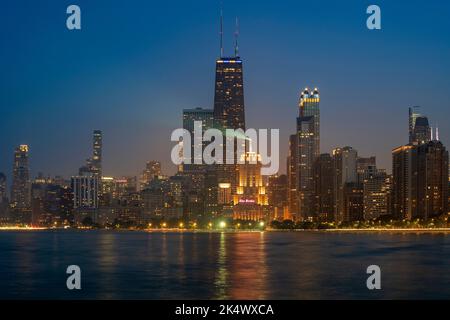 Night view over downtown skyline from Lake Michigan Stock Photo