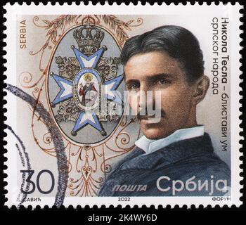 Nikola Tesla portrait on serbian stamp Stock Photo