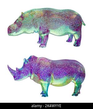 Glass Hippo and Rhino sculptures on transparent background Stock Photo