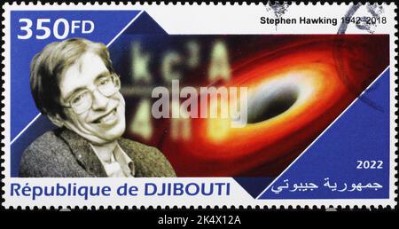 Stephen Hawking and a black hole on postage stamp Stock Photo